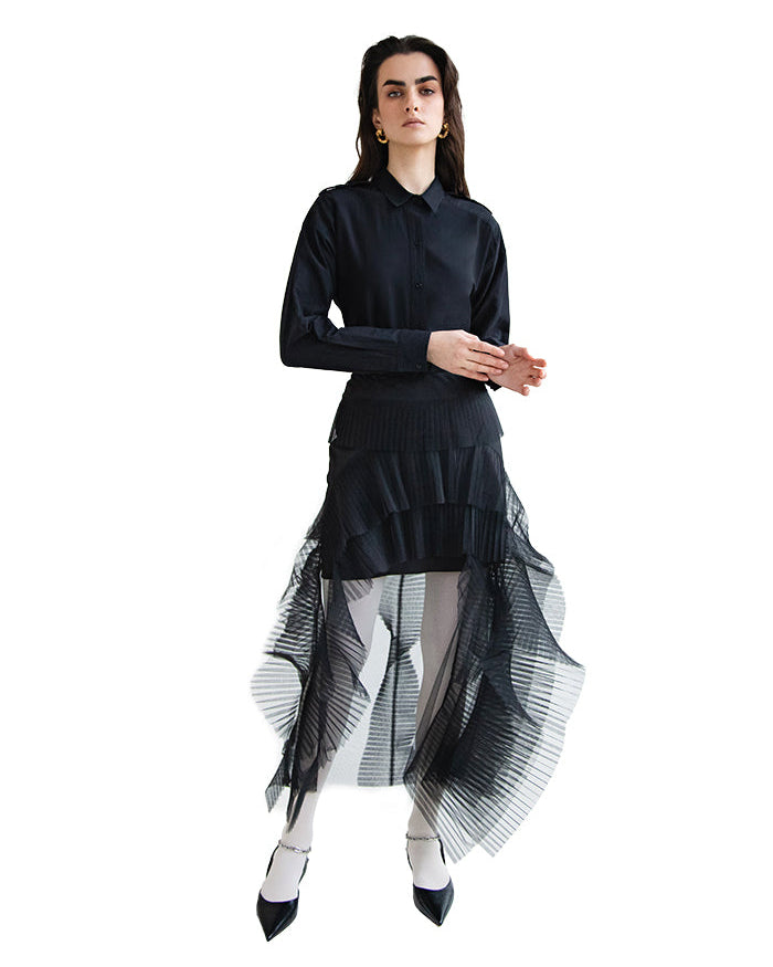 TULLE RUFFLED MIDI SKIRT BLACK