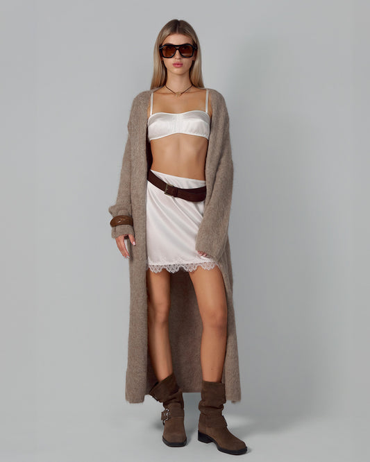 MINI SILK SKIRT WITH CHANTILLY LACE