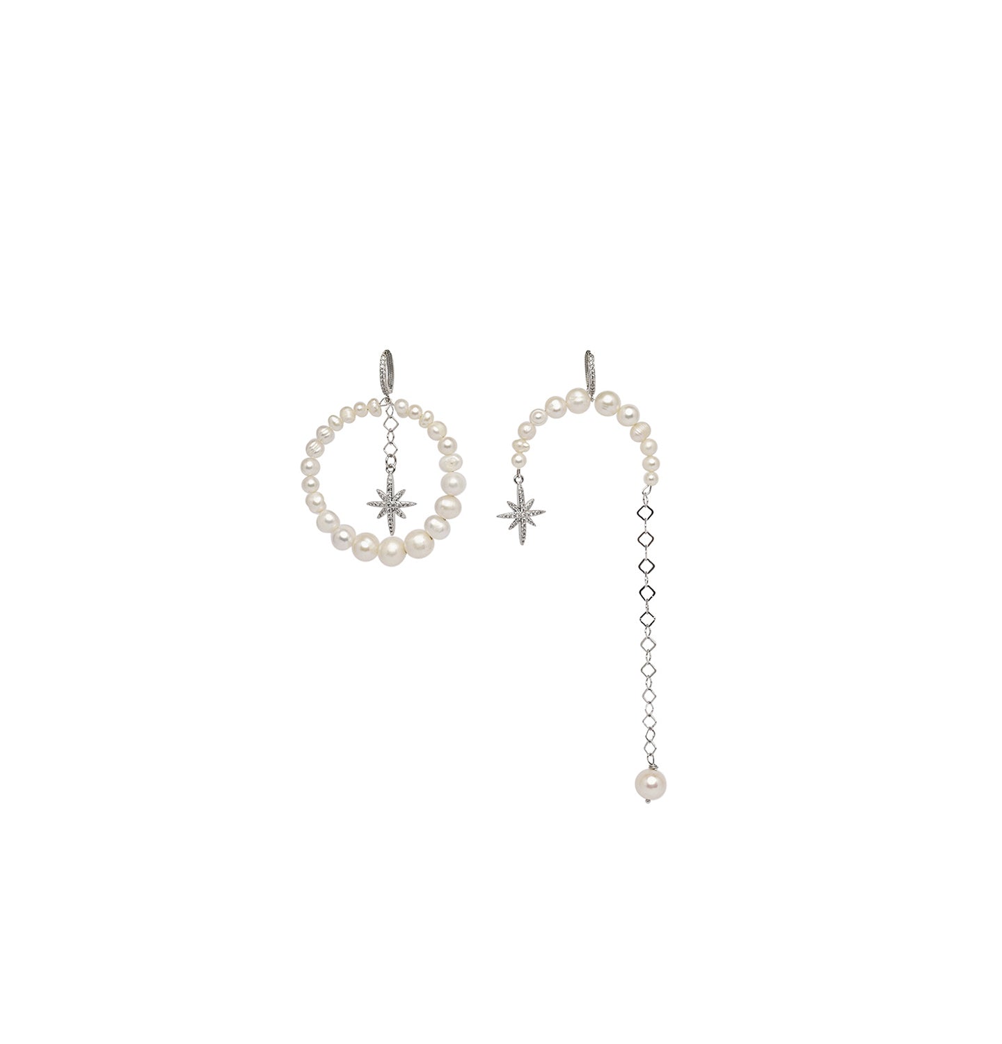 ASIMETRICAL "MORNING STAR" NATURAL PEARLS EARINGS SILVER