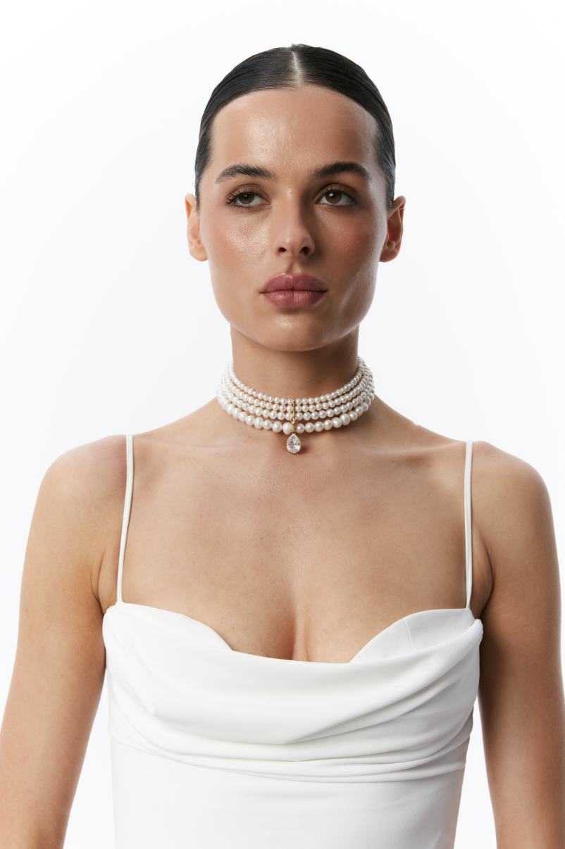NATURAL PEARLS CHOKER WITH DROP CRYSTAL GOLDEN