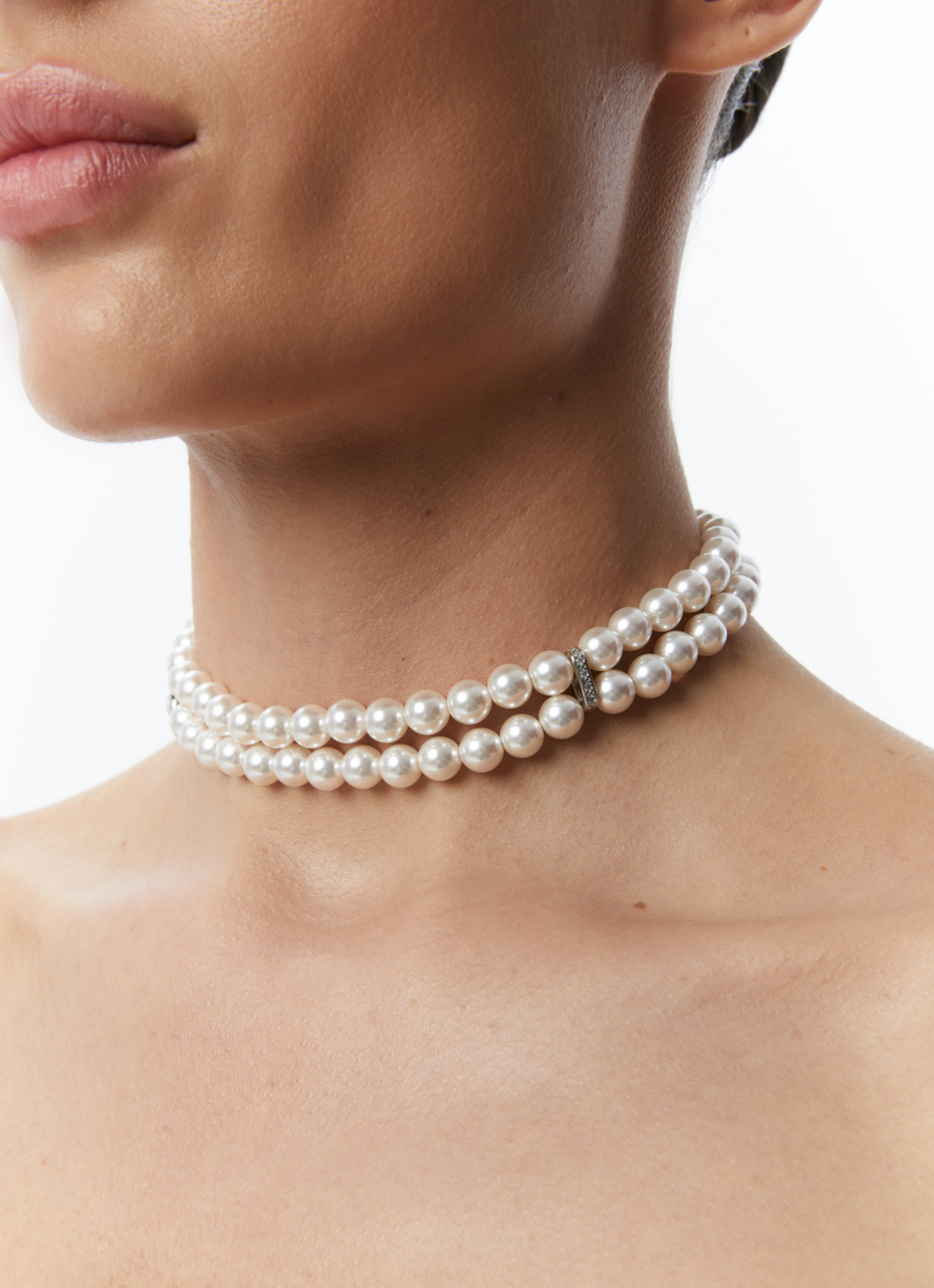 "2 ROWS" CERAMIC BEADS CHOKER SILVER