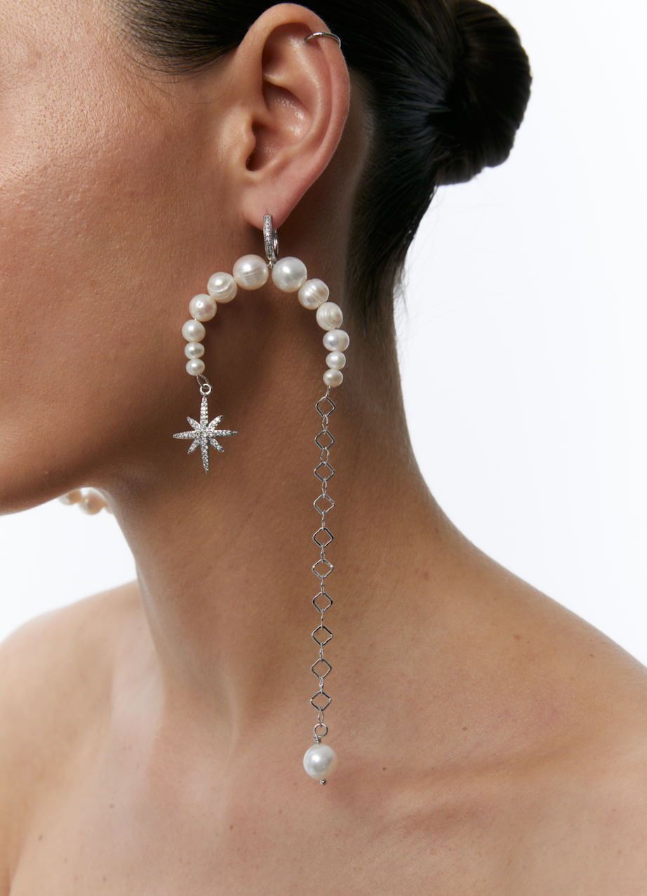 ASIMETRICAL "MORNING STAR" NATURAL PEARLS EARINGS SILVER